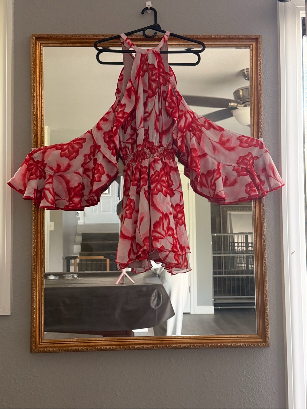 House of Harlow 1960 Red Floral Long Sleeve Cold-Shoulder Dress